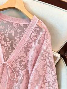 GlowEve CURVE Áo khoác cardigan nữ cỡ lớn cổ chữ V, thắt nơ phía trước, chất liệu xuyên thấu, cổ choàng, tay lửng, thêu, khoét lỗ. - Hồng - Xem 7