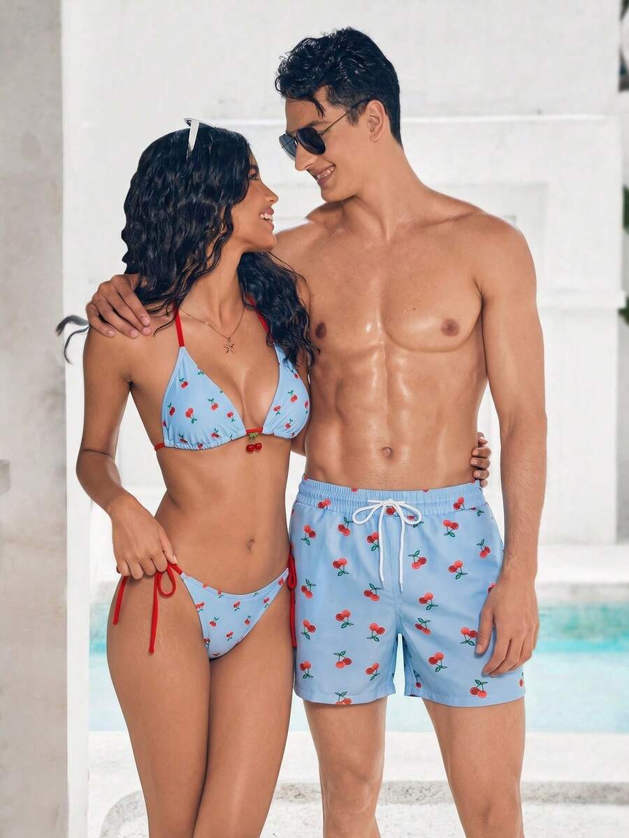 Azuldrift Quần short đi biển nam kiểu dáng thường ngày, in hình quả anh đào, có dây rút và túi ở eo. - Màu xanh lam - Xem 1