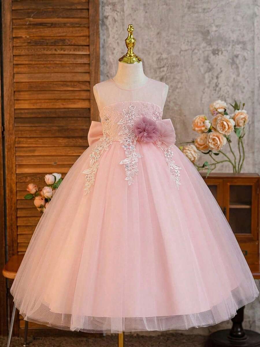 Glamorique Kids Đầm bé gái dự tiệc họa tiết hoa, đầm công chúa không tay bằng ren và lưới cho bé gái dự tiệc sinh nhật. - Hồng - Xem 1