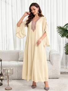 Al Najma Vestido feminino elegante de estilo árabe com apliques em patchwork, manga flare e fenda. - Amarelo - Ver 3