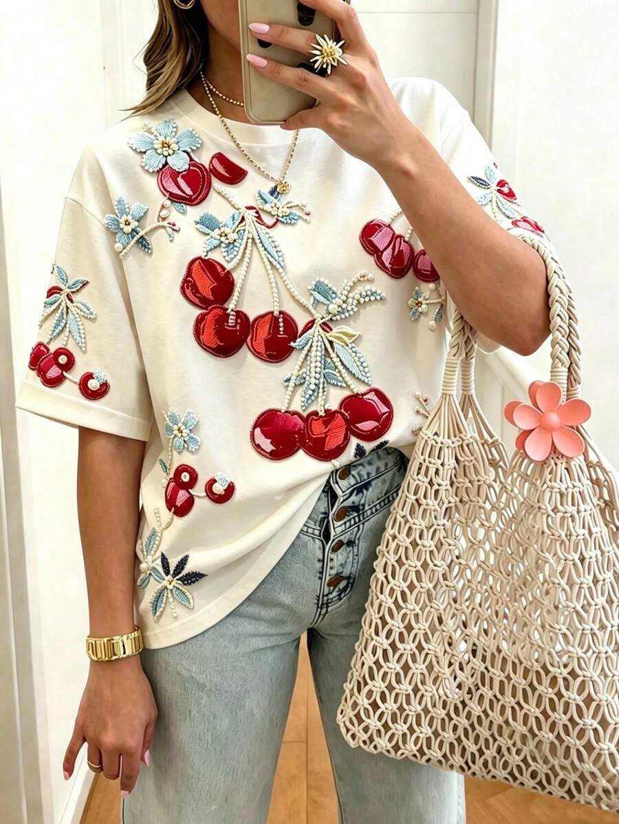 EMERY ROSE Plus Size Women's Crew Neck All-Over Cherry Print Comfortable Versatile T-Shirt - Multicolor - View 1