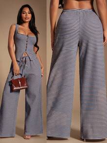Radiana Women's Blue Striped Wide Leg Pants With Drawstring Waist And Side Pockets Casual And Comfortable Lounge Bottoms - Blue - View 1