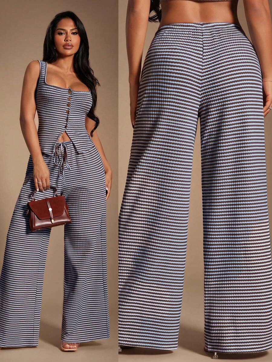 Radiana Women's Blue Striped Wide Leg Pants With Drawstring Waist And Side Pockets Casual And Comfortable Lounge Bottoms - Blue - View 1