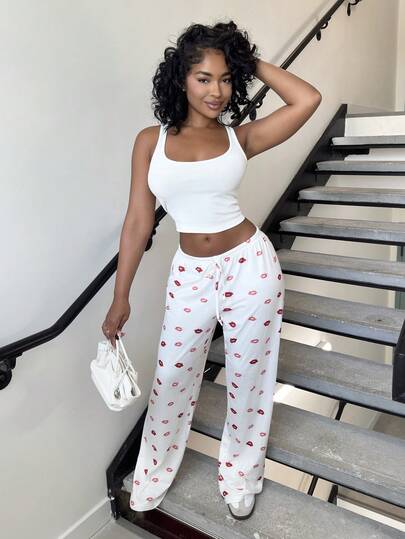 Alexandranx Pantaloni casual da donna con stampa all-over e laccio, stile minimalista per uso quotidiano