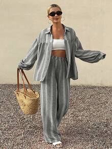 DAZY 女士休闲度假撞色条纹宽松衬衫和阔腿裤两件套，春夏款 - 灰色 - 查看 4