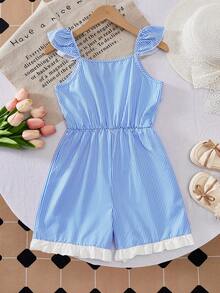 Girls' Blue And White Striped Summer Romper,Cute Flutter Sleeve Ruffle Trim V-Back With Bow,Elastic Waist Vacation Holiday Outing Youthful Romper - Blue - View 7