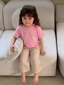 DAZY 女嬰圓領純色短袖上衣與條紋寬鬆長褲 2 件套睡衣套裝 夏季幼兒 - 粉色 - 查看 3