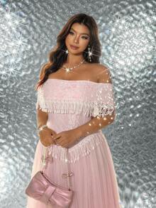 Viva Relle Große Größen Damen Frühling/Sommer Neuer Luxus Socialite Stil Nude Pink & Weiß Patchwork Kleid, Off-Shoulder Spitze Quaste Taille Raffung Mesh Kleid. Geeignet für hochwertige Galas, Brautjungfern, Valentinstag Atmosphäre, Roter Teppich, Luxus Socialite Mode - Verschiedenfarbig - Übersicht 5