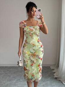 Elenzga Gaun Midi Wanita Elegan Romantis dengan Motif Jala dan Kerutan, Cocok untuk Musim Pernikahan, Pesta, Kencan, Jalan-jalan Santai, Musim Semi/Panas - Hijau - View 4