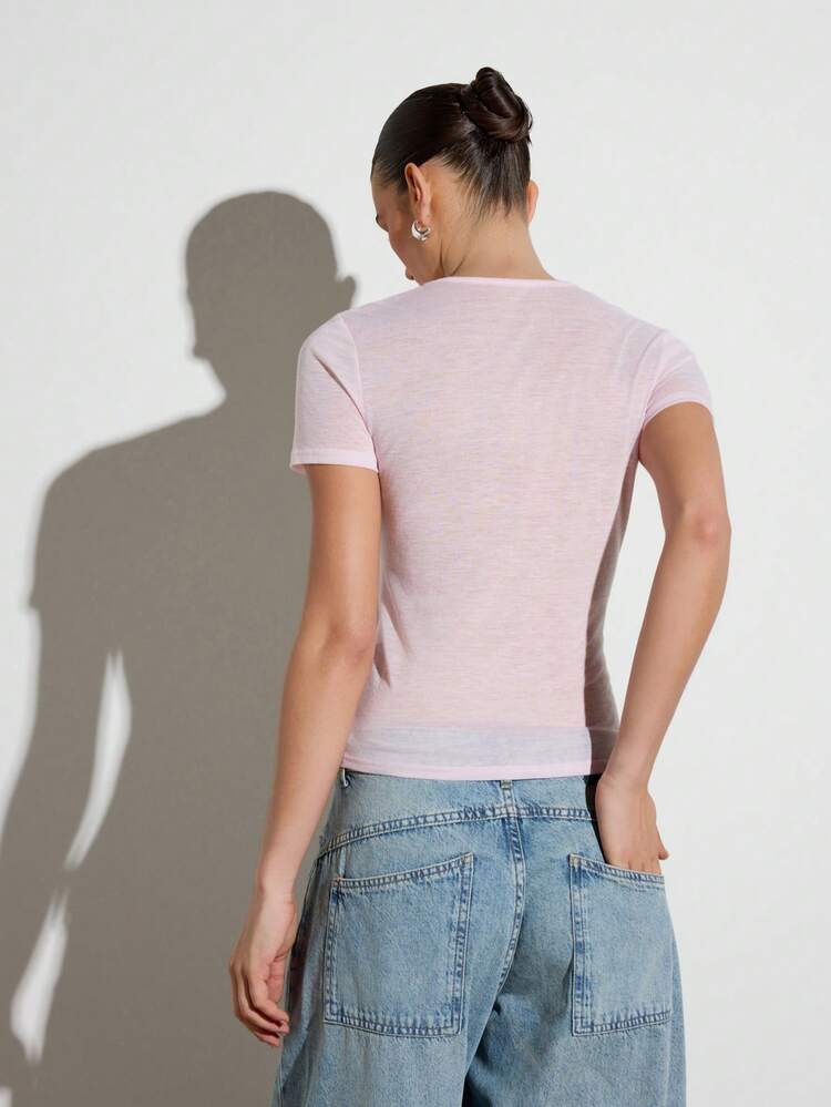 KSTM Women's Pink Semi Sheer Short Sleeve Round Neck T-Shirt Breathable Summer Casual Top