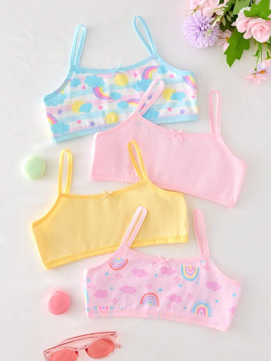 4件組女童幼童極簡夏季內搭背心,方領無袖細肩帶設計,粉色、淺藍色與黃色調,可愛冰淇淋與甜甜圈卡通印花,經典條紋與素色款,柔軟輕盈針織面料,時尚休閒日常疊穿 - 彩色 - 查看 1