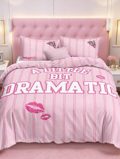 Mean Girls | SHEIN 3Pc Striped Cute Bad Girl Printed Quilt Cover Set, Sanded Material, Soft And Warm, Multiple Sizes, Suitable For Single Bed/Double Bed/Queen Bed/King Bed, Machine Washable