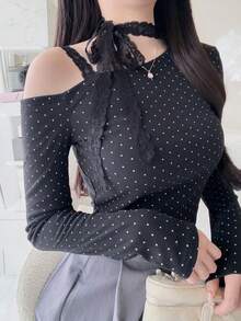 FRIFUL 女款不對稱領長袖波點抽繩綁肩修身休閒T恤，秋季可愛上衣 - 黑色 - 查看 7