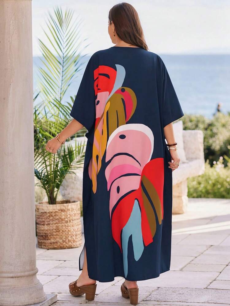 Plus Size Women Tropical Plant Print 3/4 Sleeve Loose Casual Dress