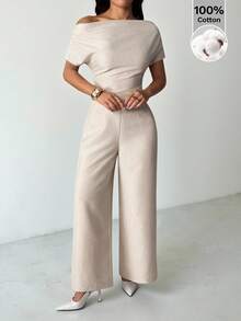 SHEIN PETITE Bộ đồ nữ mùa hè mới về, kiểu dáng đơn giản, thanh lịch, thường ngày, chất liệu vải lanh, gồm áo sơ mi cổ rộng, trễ vai và quần ống rộng. - Màu be - Xem 10