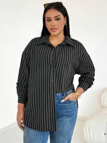 SHEIN Essnce 大码女装秋冬时尚休闲宽松舒适日常百搭显瘦棕色条纹超宽松纽扣衬衫，秋季穿搭，女士衬衫，简约风格，工作上衣 - 深灰色 - 查看 5