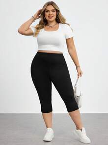 SHEIN CURVE+ 大尺碼女款休閒運動日常通勤高腰豹紋拼接七分長緊身褲 - 黑色 - 查看 7