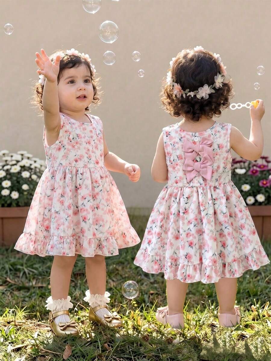 SHEIN Đầm cho bé gái 3 tháng-3 tuổi, 1 chiếc, kiểu dáng thường ngày dễ thương, trang phục mùa thu cho bé gái, đầm không tay phồng màu nâu có nơ trang trí.