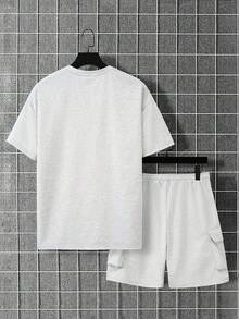 Manfinity Homme 2pcs Men's Solid Color Round Neck Drop Shoulder Casual Loose Fit Summer Top & Shorts Set, Holiday - Grey - View 2