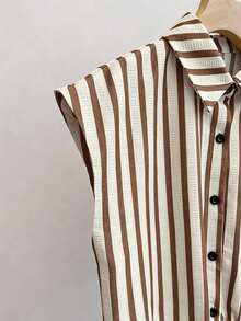 Resyla Striped Collar Cinched Waist Shirt - Coffee Brown - View 5
