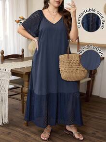 Lacomfia Vestido holgado de talla grande de manga dolman con cuello en V, parche de encaje y unicolor, para primavera/verano - Azul Marino - Ver 4
