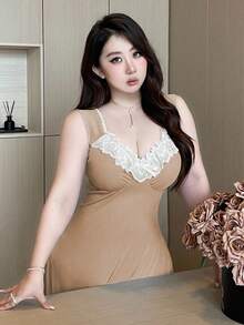 Vibekara Plus Size Diamond Collar Ribbed Contrast Ruffle Cap Sleeve Dress - Brown - View 5