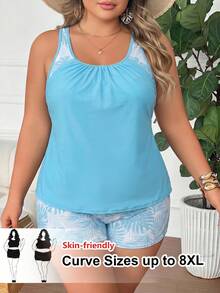 SHEIN CURVE+ Plus Size Women's Random Print Camisole And Shorts 2 Pieces Set, Suitable For Summer Beach Vacation Vacation Light Blue Blue And White - Blue - View 4