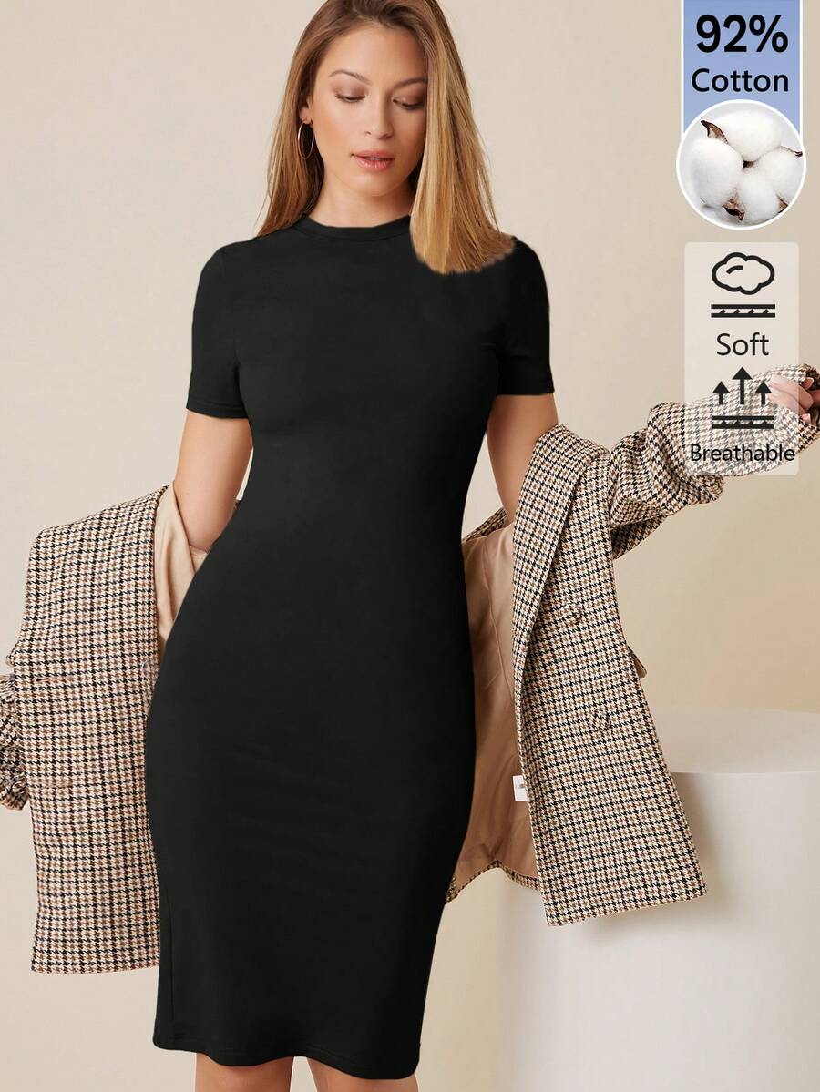 SHEIN BASICS 女款素色圓領短袖貼身優雅洋裝夏季女裝套裝 - 黑色 - 查看 1
