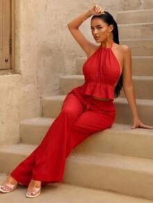 Sirith Women's Vacation Casual Backless Halter Top And Pants 2 Pieces Set - Red - View 3