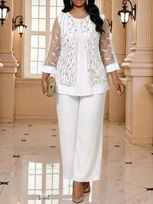Fleurora Plus Size Sequin Embroidery Mesh Patchwork Top And Pants 2 Pieces Set - White - View 1