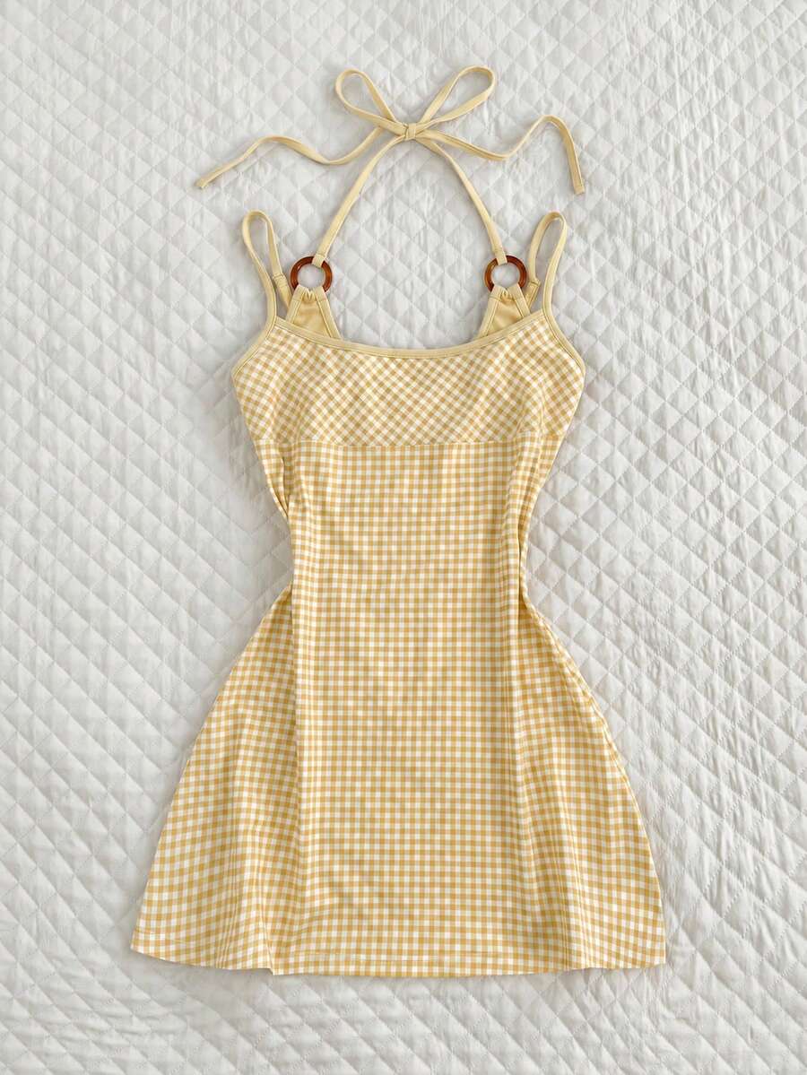 Elamini Women's Minimalist Solid Plaid Print 2 In 1 Mini Dress - Pale Yellow - View 1