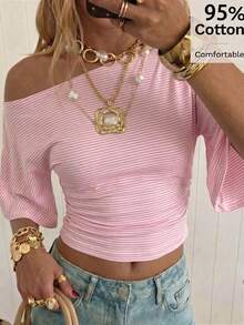 SHEIN EZwear 女士95%纯棉粉白条纹针织蝙蝠袖短款T恤——完美适用于西部音乐节、春夏海滩度假、春假、波西米亚风热带海岛婚礼、周年纪念、伴娘派对、约会之夜、性感婚礼宾客装扮、新娘送礼会、海滨假期、海岛女孩复古风、浪漫度假氛围以及法国南部之旅。 - 彩色 - 查看 7