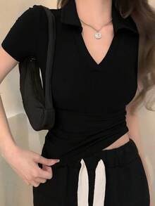 DAZY Women's Solid Color Slim Fit Polo Collar Short Sleeve T-Shirt Summer - Black - View 5