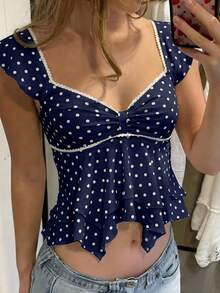 CovetEZ Áo thun ngắn tay nữ màu xanh hải quân chấm bi, cổ hình trái tim, viền bèo nhún, thích hợp mặc mùa hè. - Màu xanh hải quân - Xem 3