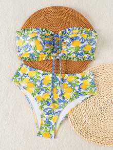 SHEIN Swim 女士夏季沙滩度假新款可爱无肩带碎花荷叶边甜美小碎花搭配精致珍珠吊坠抽绳比基尼套装 - 彩色 - 查看 4
