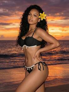 BamGleam Conjunto de bikini para mujer de unicolor con tela texturizada, decoración de concha de soporte y lazo lateral para vacaciones de verano - Negro - Ver 3