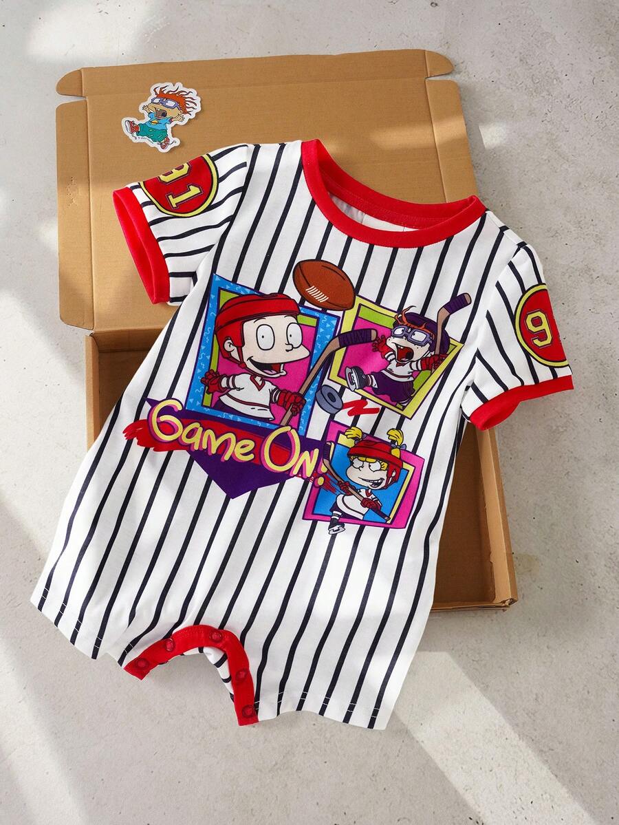 Nick 90s | SHEIN Baby Boy Summer Casual Vacation & Daily Wear Cartoon Character & Striped Print Romper - Red - View 1