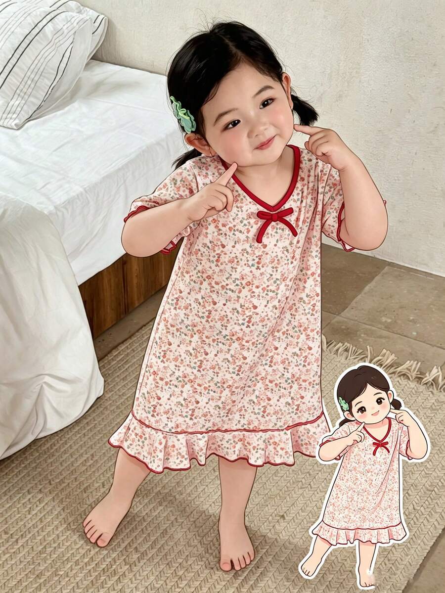 DAZY Bộ đồ ngủ ngắn tay, buộc dây phía trước, in họa tiết toàn thân, kiểu dáng thoải mái cho bé gái, thích hợp cho kỳ nghỉ hè. - Hồng - Xem 1