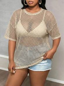 Slaydiva Kaos Ukuran Besar Gaya Jalanan Kasual Hitam Transparan Longgar Lengan 3/4 Leher Bulat Panjang Reguler, Cocok untuk Musim Semi dan Gugur - Aprikot - View 3