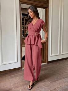 Serisse 女士优雅金属装饰收腰蝙蝠袖上衣和裤子两件套，夏季 - 紅木色 - 查看 4