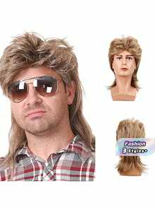 1 pieza Peluca de hombre estilo mullet, rizada y marrón, para disfraz retro de los años 70 y 80, fiesta de disfraces, show, Navidad - Multicolor - Ver 1