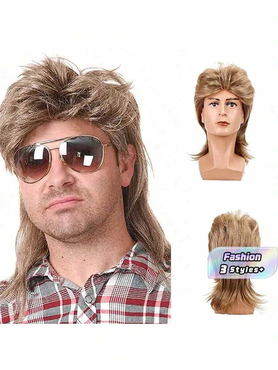1 pieza Peluca de hombre estilo mullet, rizada y marrón, para disfraz retro de los años 70 y 80, fiesta de disfraces, show, Navidad - Multicolor - Ver 1