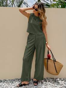 SHEIN Frenchy Women's Vacation Casual Striped Tank Top And Pants 2 Pieces Set,Summer Outfits For Women - Dark Green - View 4
