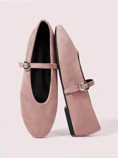 CUCCOO DOLLMOD Gentle Bean Paste Powder Suede Mary Jane Shoes, One-Word Buckle Strap Square Head Flat Sole Shoes, French Commuter Shallow Mouth Women's Shoes