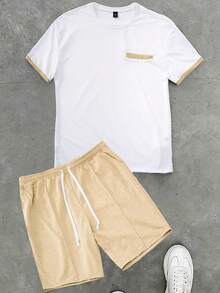 Manfinity Homme Men's Summer Casual Sports Contrast Trim Round Neck Short Sleeve T-Shirt And Shorts Set - Khaki - View 3