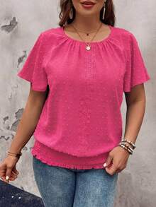 EMERY ROSE Ruffled Hem Elastic Waist Short Sleeve Round Neck Pullover Top, Plus Size Blouse - Hot Pink - View 6