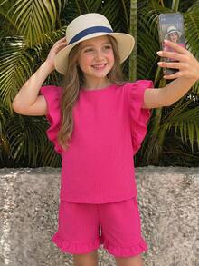 SHEIN 2pcs/Set Young Girl Pink Textured Round Neck T-Shirt And Shorts - Hot Pink - View 9