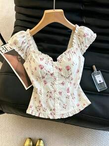 Elegante camisa de mujer con bordado floral en jacquard, disponible en múltiples colores, con diseño de cintura entallada y volantes - Blanco - Ver 6
