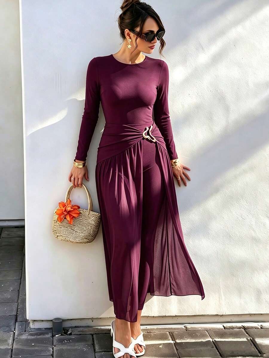 Swim Mulvari Women's Simple Solid Color Burkini Jumpsuit And Sarong Skirt Set, Suitable For Beach And Vacation - Redwood - View 1