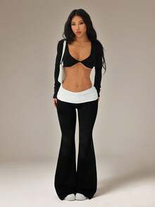 SHEIN Tall CURVE 大码女式休闲撞色翻折腰喇叭裤，黑白配色，孕妇裤 - 黑與白 - 查看 9